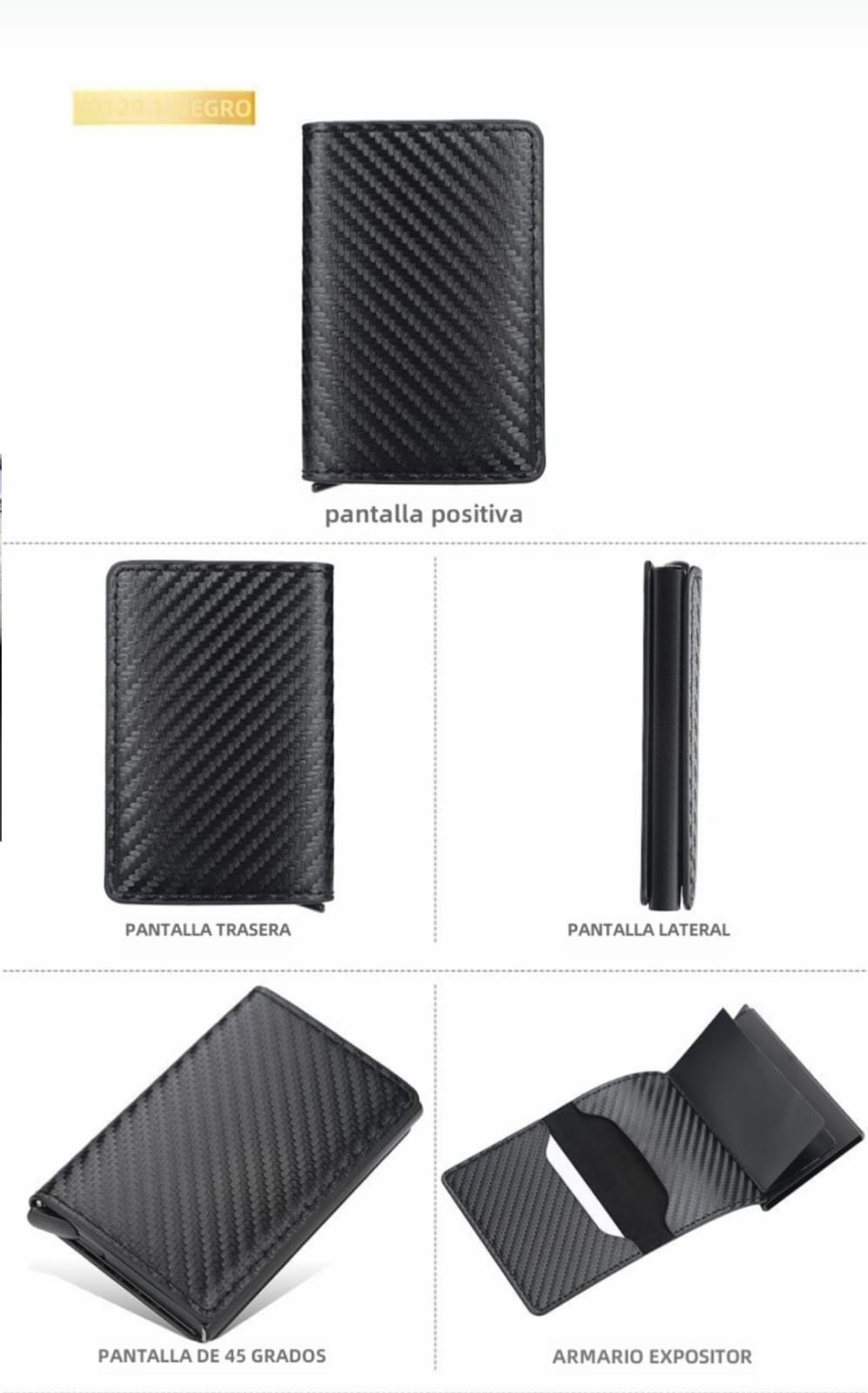 Billetera Tarjetero - Cuero Fibra Carbón con triple pliegue mágico negro RFID con botón