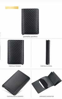 Billetera Tarjetero - Cuero Fibra Carbón con triple pliegue mágico negro RFID con botón