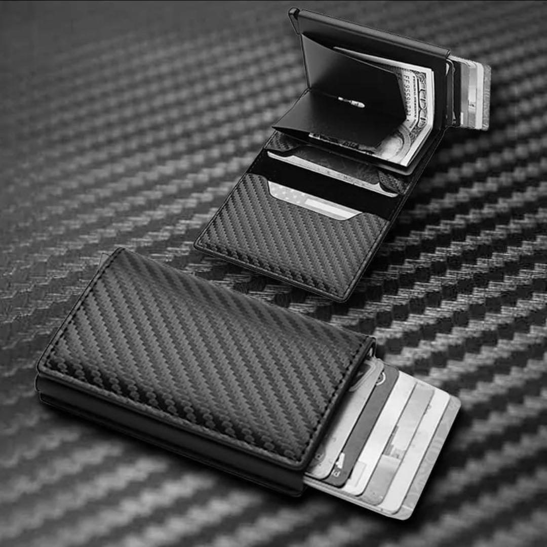 Billetera Tarjetero - Cuero Fibra Carbón con triple pliegue mágico negro RFID con botón