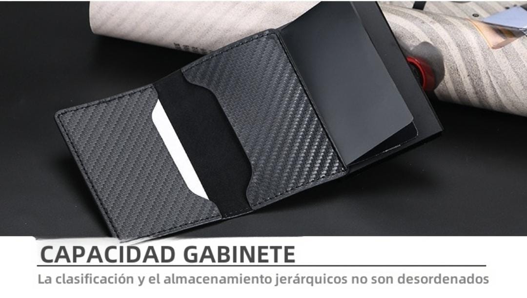 Billetera Tarjetero - Cuero Fibra Carbón con triple pliegue mágico negro RFID con botón