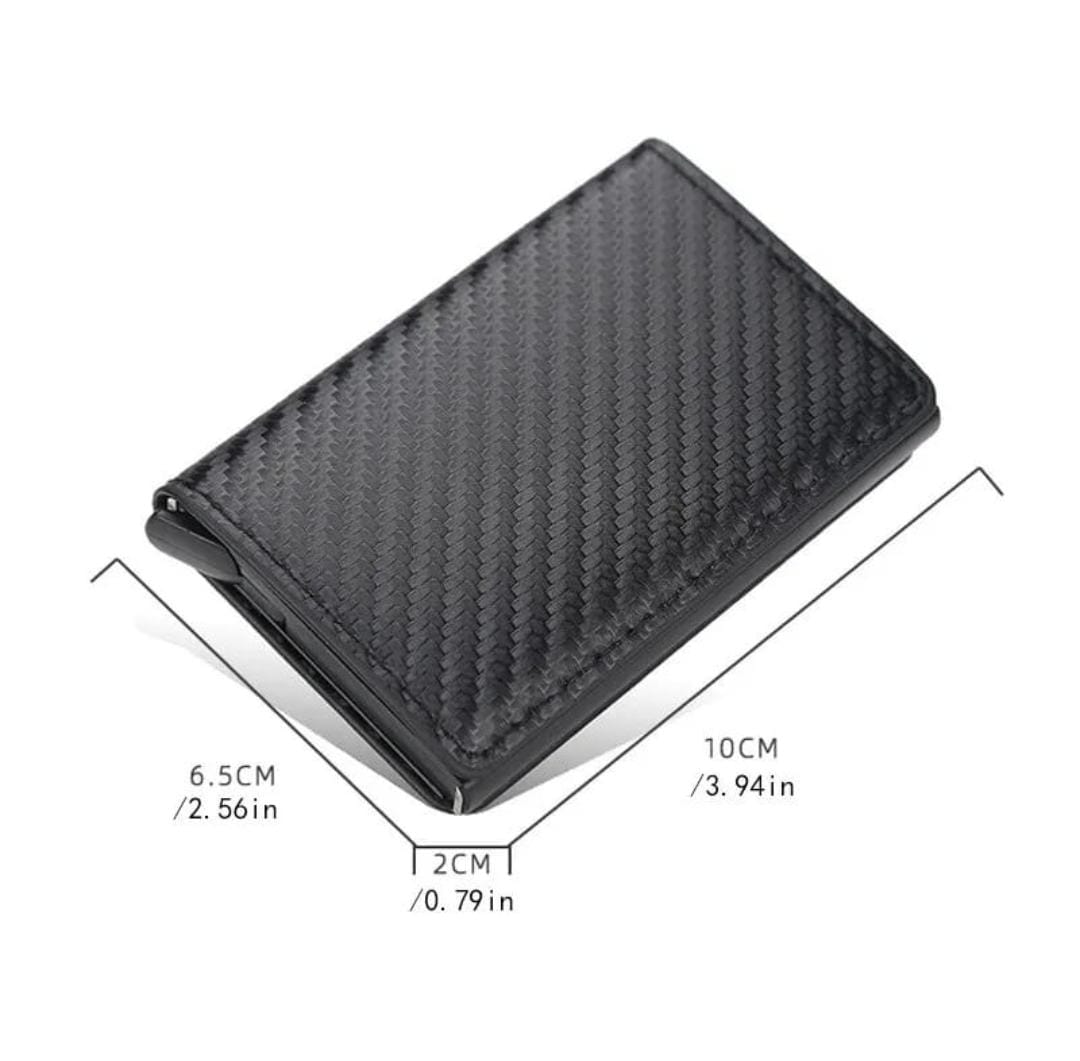 Billetera Tarjetero - Cuero Fibra Carbón con triple pliegue mágico negro RFID con botón