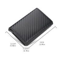 Billetera Tarjetero - Cuero Fibra Carbón con triple pliegue mágico negro RFID con botón