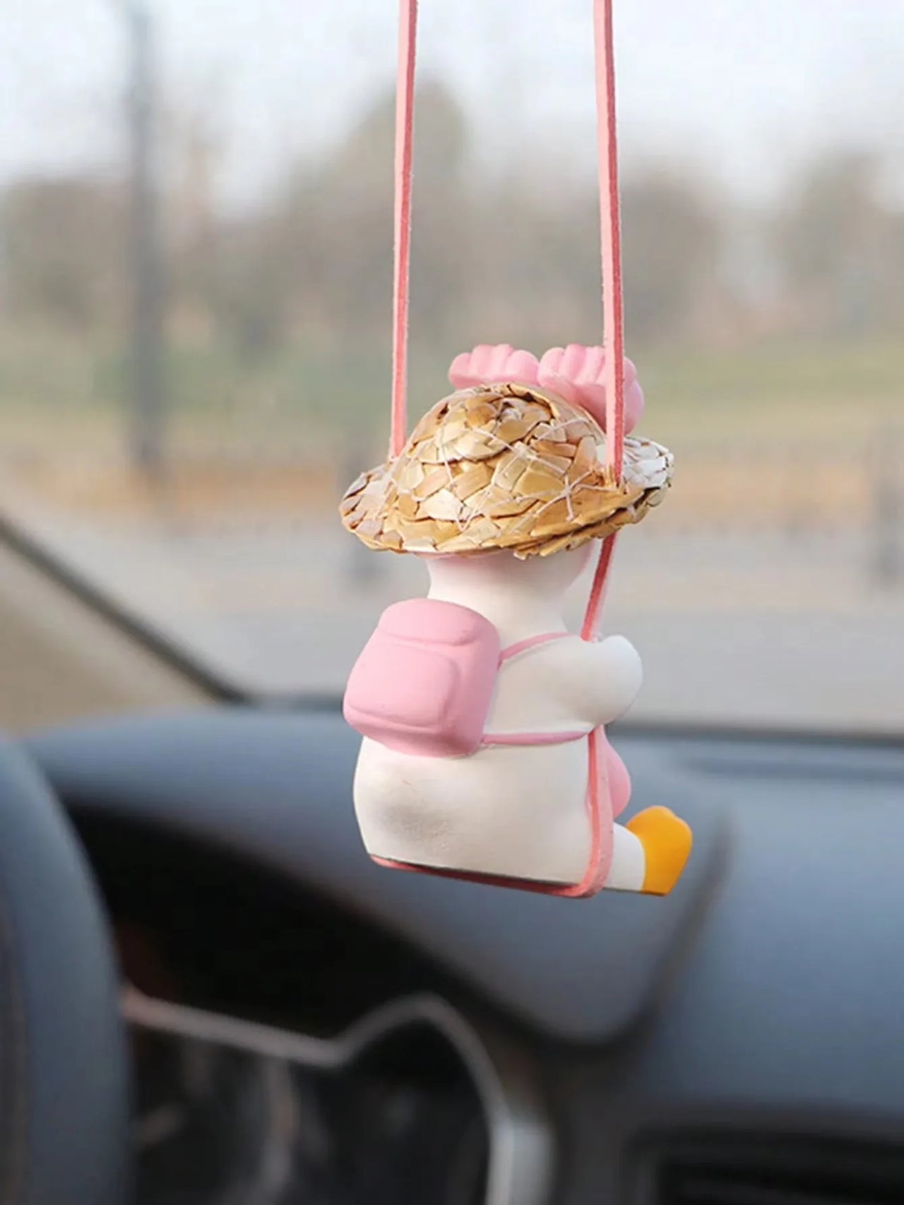 Cute Pink Anime Duck Swing Car Pendant - Rearview Mirror Hanging Ornament with Swinging Motion, Women's Interior Decoration