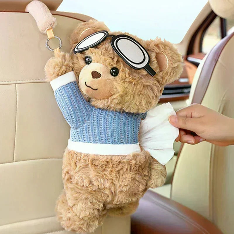 Cute Short Plush Eyeglass Bear Car Tissue Box Tissue Box Garbage Can 2-in-1 Creative Car Armrest Box Cardboard Box Car Interior