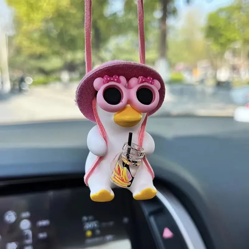 Cute Pink Anime Duck Swing Car Pendant - Rearview Mirror Hanging Ornament with Swinging Motion, Women's Interior Decoration