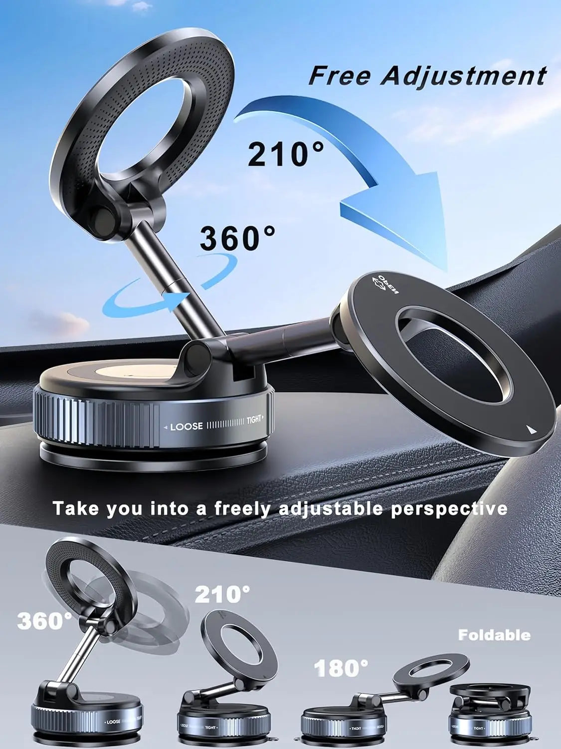 Folding Strong Magnet Magnetic Phone Holder 360° Rotation Desk Car Vacuum Suction Windshield Dashboard Mobile Holder