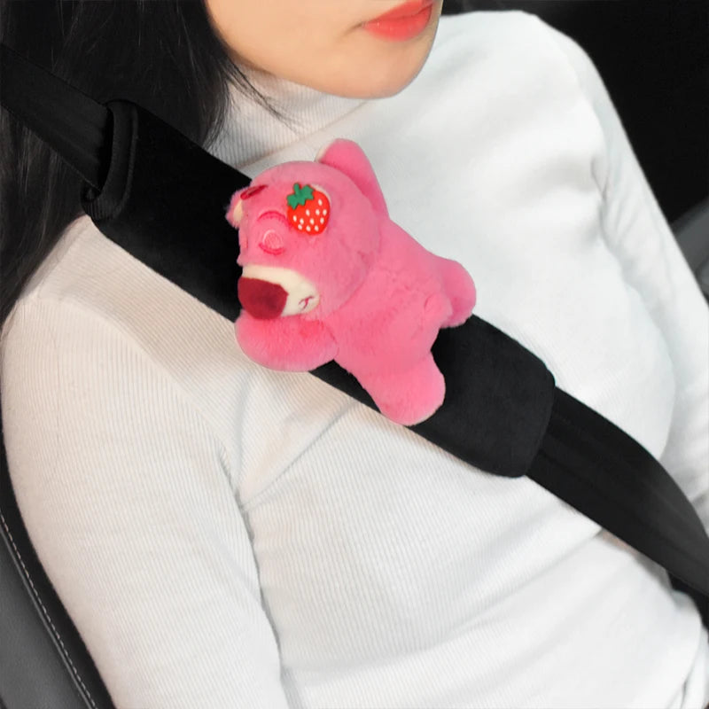 Car Seat Belt Cover Anime Strawberry Bear Plush Auto Seat Belt Shoulder Protector Pad Car Interior Accessories For Christmas