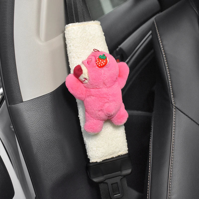 Car Seat Belt Cover Anime Strawberry Bear Plush Auto Seat Belt Shoulder Protector Pad Car Interior Accessories For Christmas
