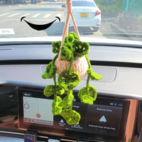 Car Mirror Hanging Accessory Handmade Knitted Cute Crochet Potted Plant Rear View Decor Car Interior Accessories