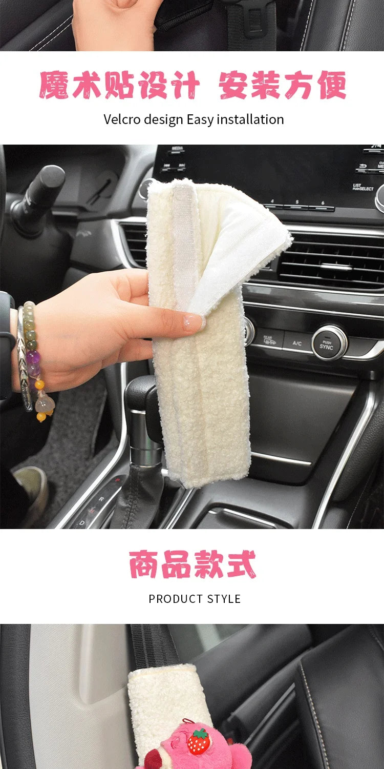 Car Seat Belt Cover Anime Strawberry Bear Plush Auto Seat Belt Shoulder Protector Pad Car Interior Accessories For Christmas