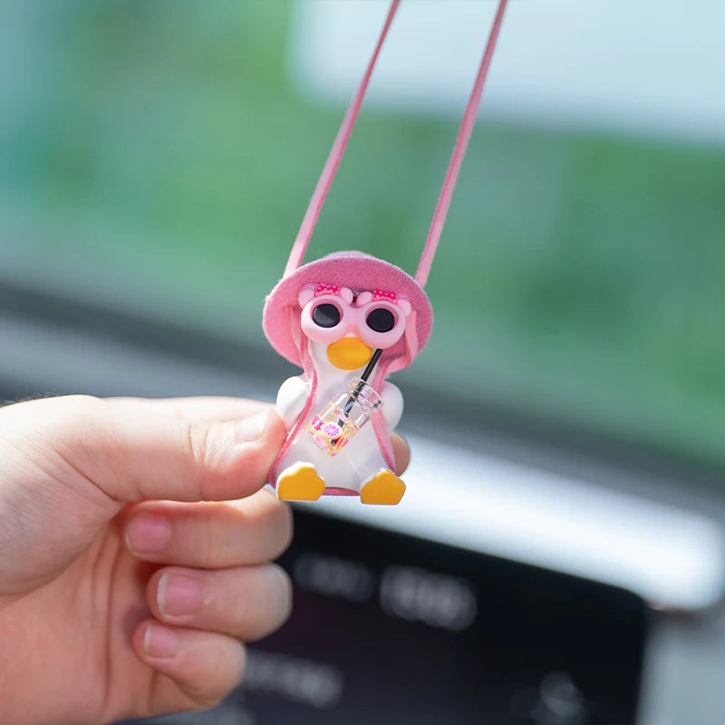 Cute Pink Anime Duck Swing Car Pendant - Rearview Mirror Hanging Ornament with Swinging Motion, Women's Interior Decoration
