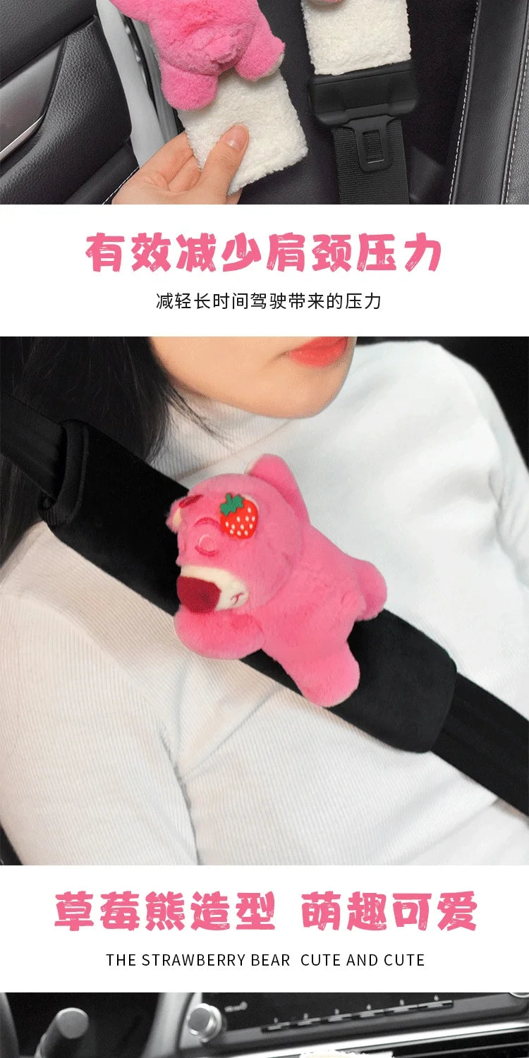 Car Seat Belt Cover Anime Strawberry Bear Plush Auto Seat Belt Shoulder Protector Pad Car Interior Accessories For Christmas