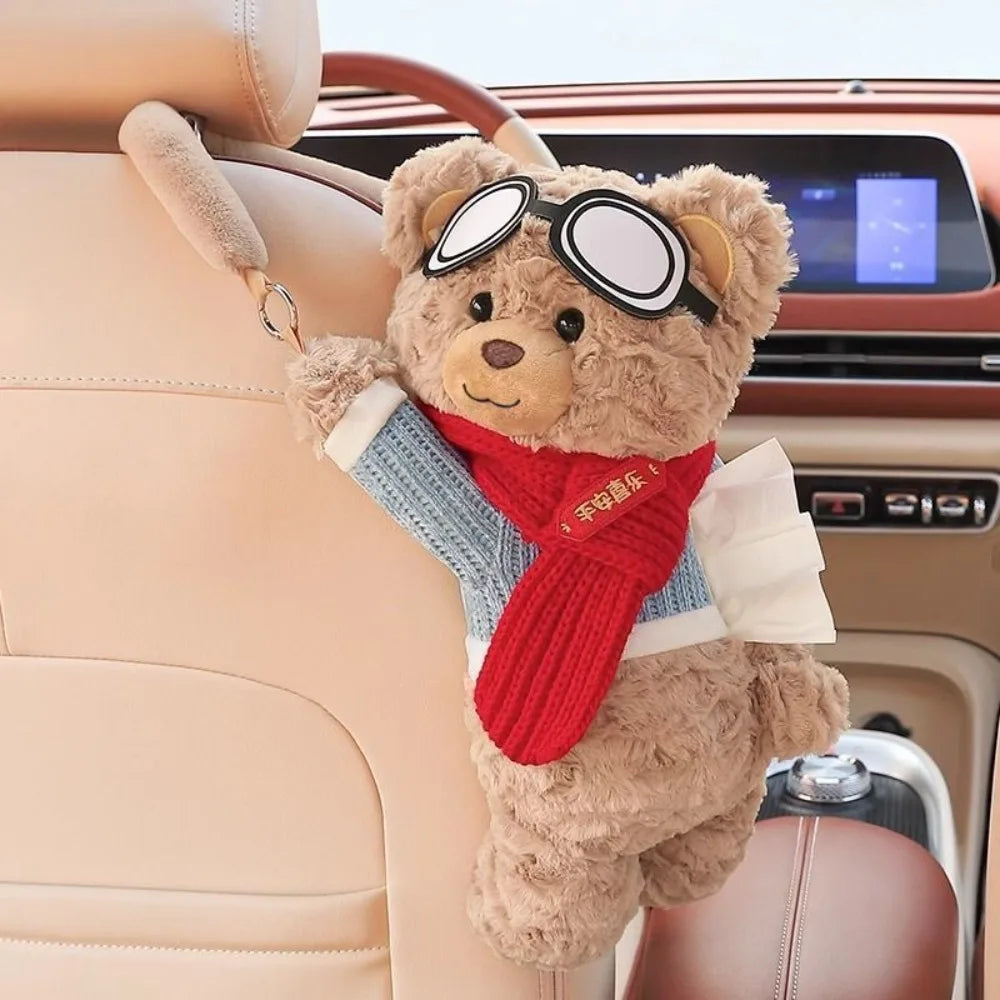 New Plush Car Tissue Box Bear Hanging Hanging Tissue Box Cartoon Armrest Box Paper Case Car Inner Decor