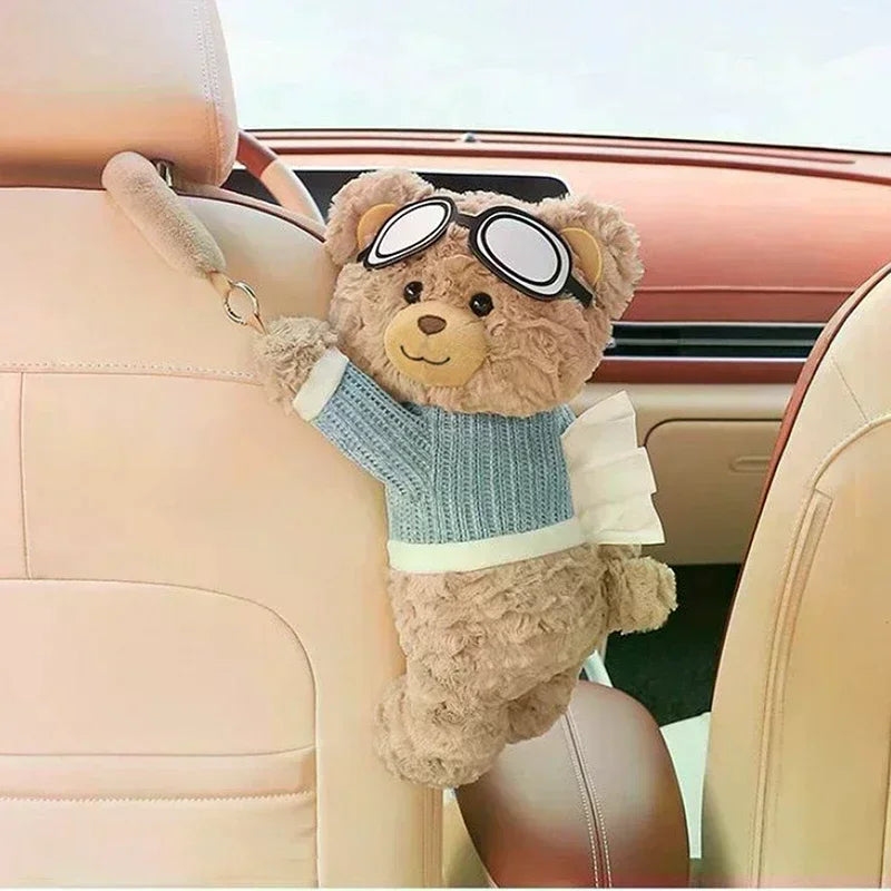 Cute Short Plush Eyeglass Bear Car Tissue Box Tissue Box Garbage Can 2-in-1 Creative Car Armrest Box Cardboard Box Car Interior