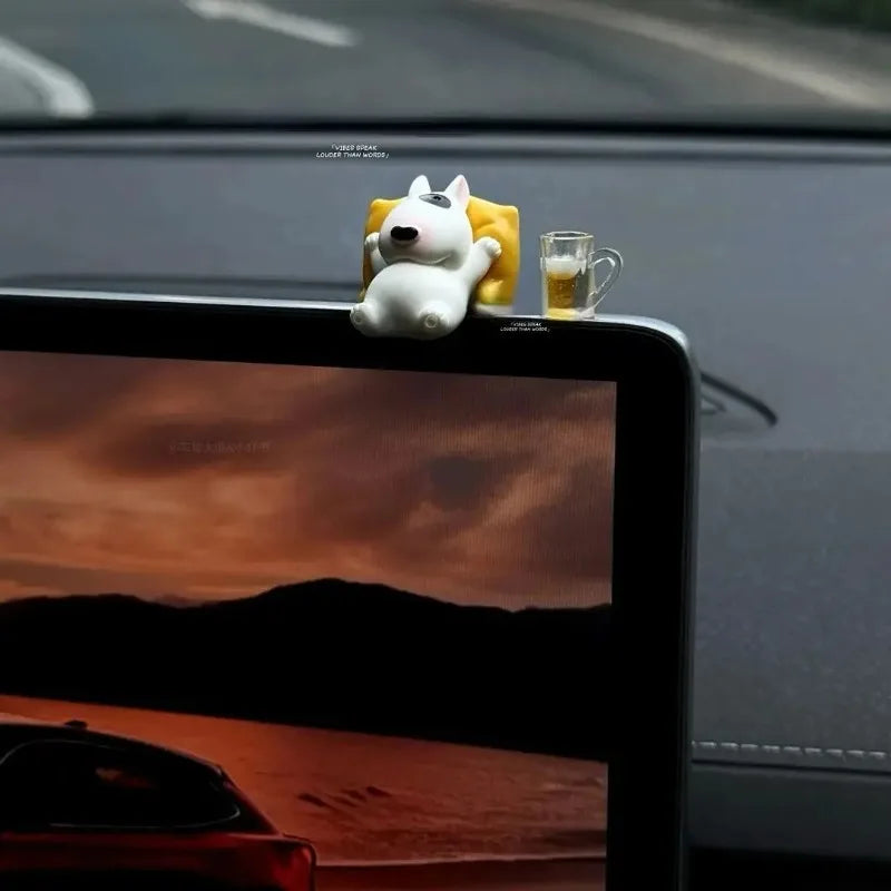 Bull Terrier Car Accessories Interior- Adorable Dashboard Figurine with Relaxed Pose, Auto Ornament for Windshield Tesla Model 3