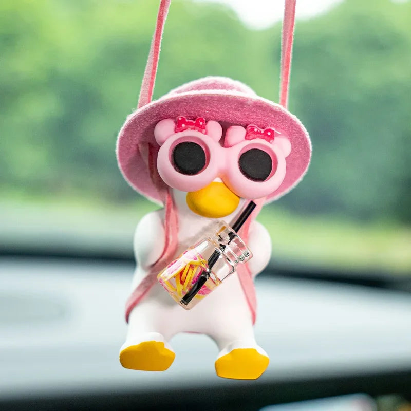 Cute Pink Anime Duck Swing Car Pendant - Rearview Mirror Hanging Ornament with Swinging Motion, Women's Interior Decoration