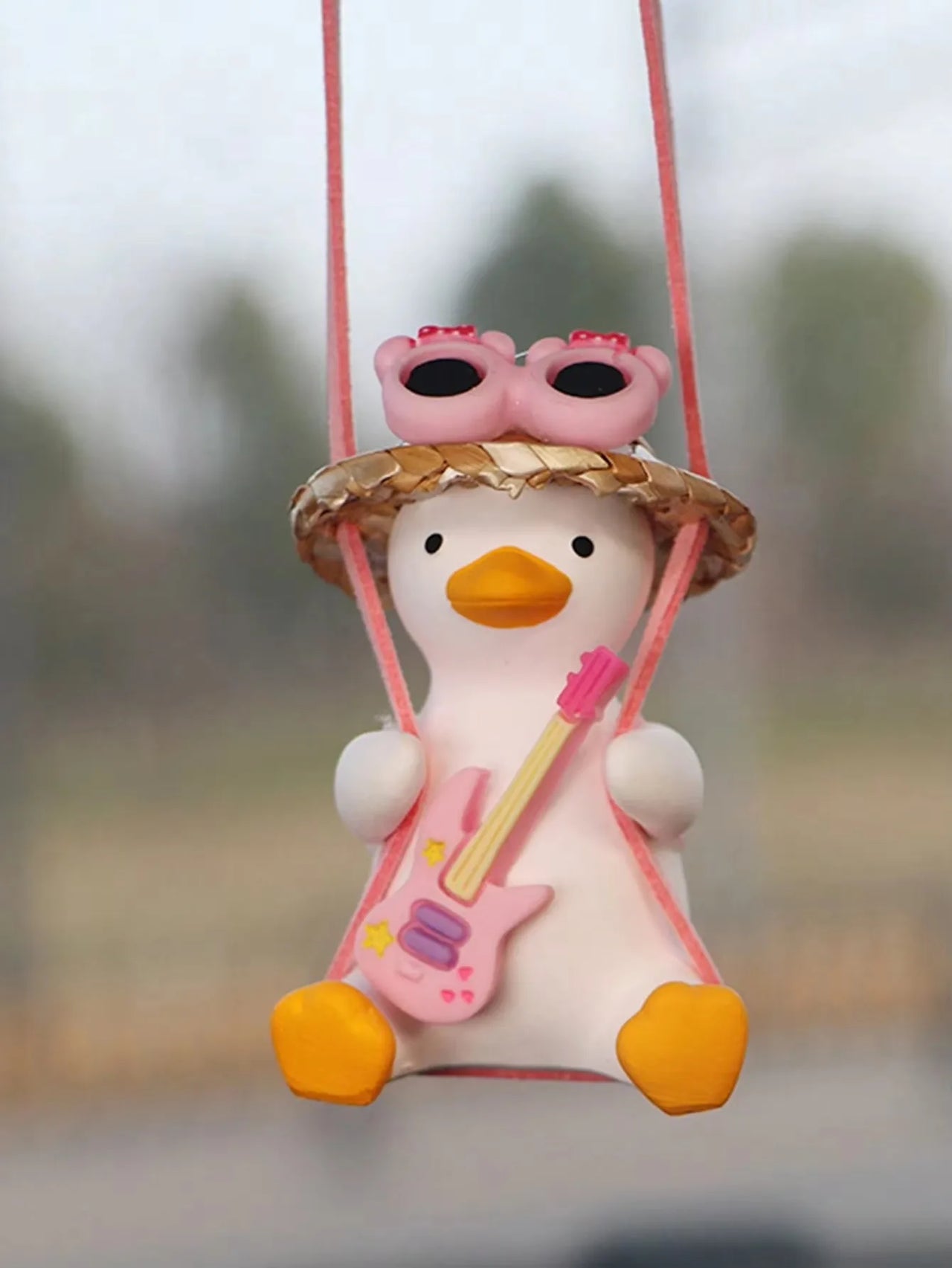Cute Pink Anime Duck Swing Car Pendant - Rearview Mirror Hanging Ornament with Swinging Motion, Women's Interior Decoration