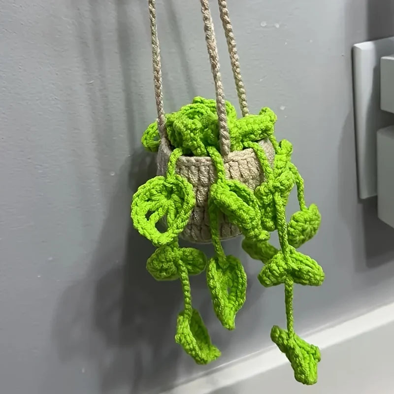 Car Mirror Hanging Accessory Handmade Knitted Cute Crochet Potted Plant Rear View Decor Car Interior Accessories
