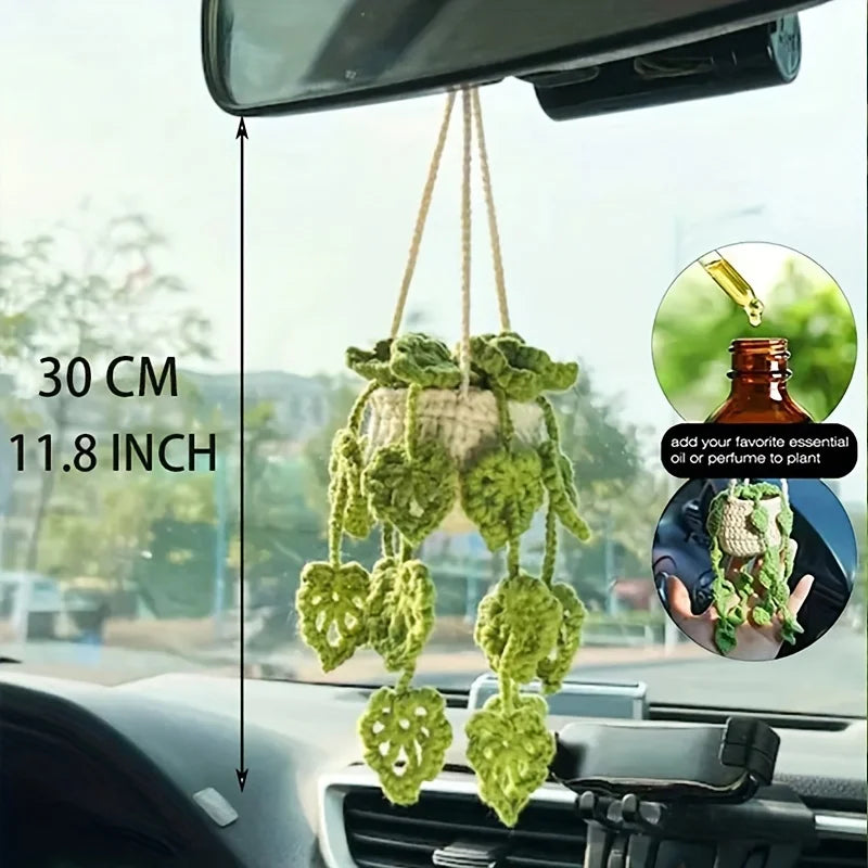 Car Mirror Hanging Accessory Handmade Knitted Cute Crochet Potted Plant Rear View Decor Car Interior Accessories
