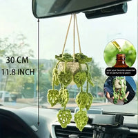 Car Mirror Hanging Accessory Handmade Knitted Cute Crochet Potted Plant Rear View Decor Car Interior Accessories