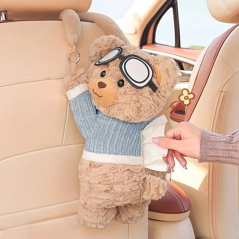Cute Short Plush Eyeglass Bear Car Tissue Box Tissue Box Garbage Can 2-in-1 Creative Car Armrest Box Cardboard Box Car Interior