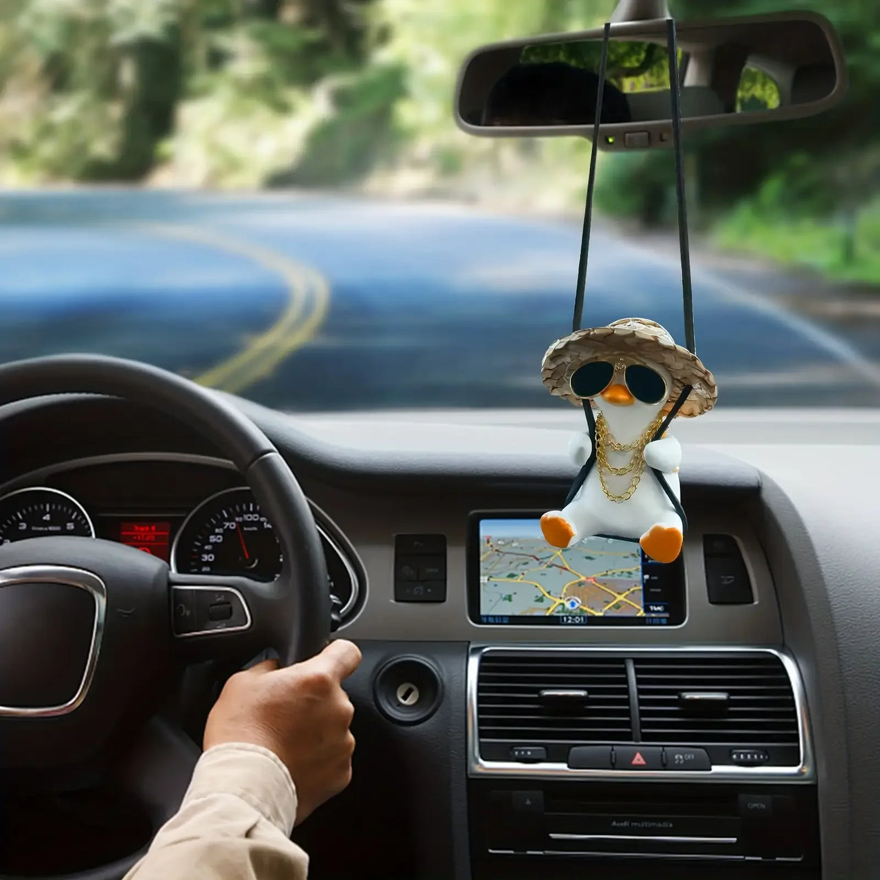 Swinging Duck Car Charm - Cute Anime Rearview Mirror Ornament for Girls, Auto Interior Hanging Decor