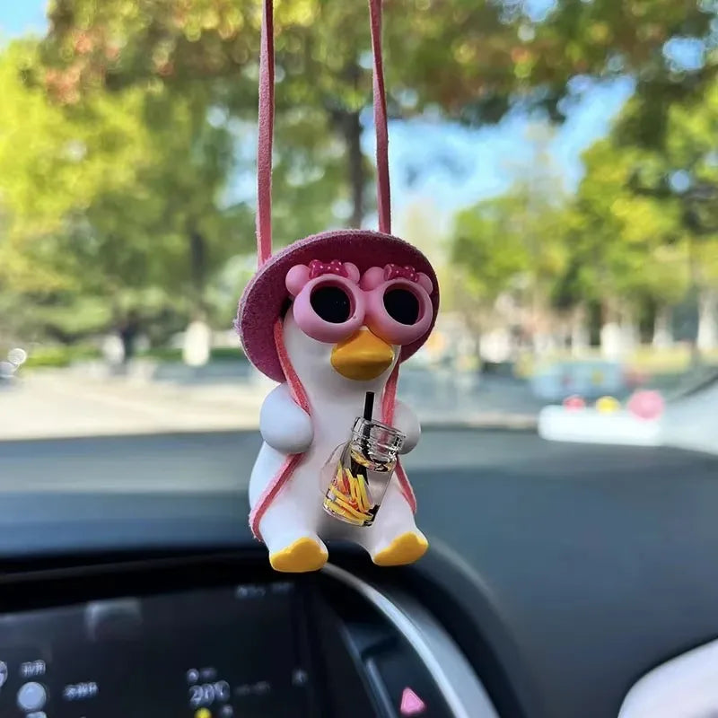Cute Pink Anime Duck Swing Car Pendant - Rearview Mirror Hanging Ornament with Swinging Motion, Women's Interior Decoration