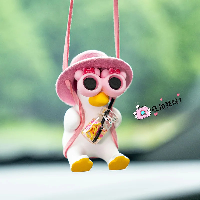 Cute Pink Anime Duck Swing Car Pendant - Rearview Mirror Hanging Ornament with Swinging Motion, Women's Interior Decoration