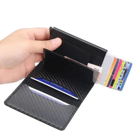 Billetera Tarjetero - Cuero Fibra Carbón con triple pliegue mágico negro RFID con botón