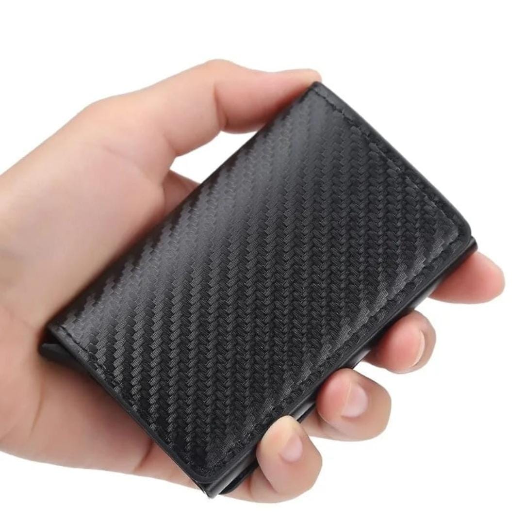 Billetera Tarjetero - Cuero Fibra Carbón con triple pliegue mágico negro RFID con botón