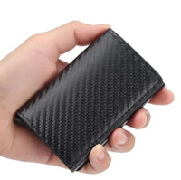 Billetera Tarjetero - Cuero Fibra Carbón con triple pliegue mágico negro RFID con botón