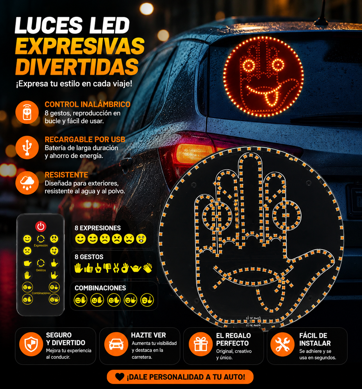 Luz LED de Gestos para Auto – Señal Divertida para Parabrisas Trasero