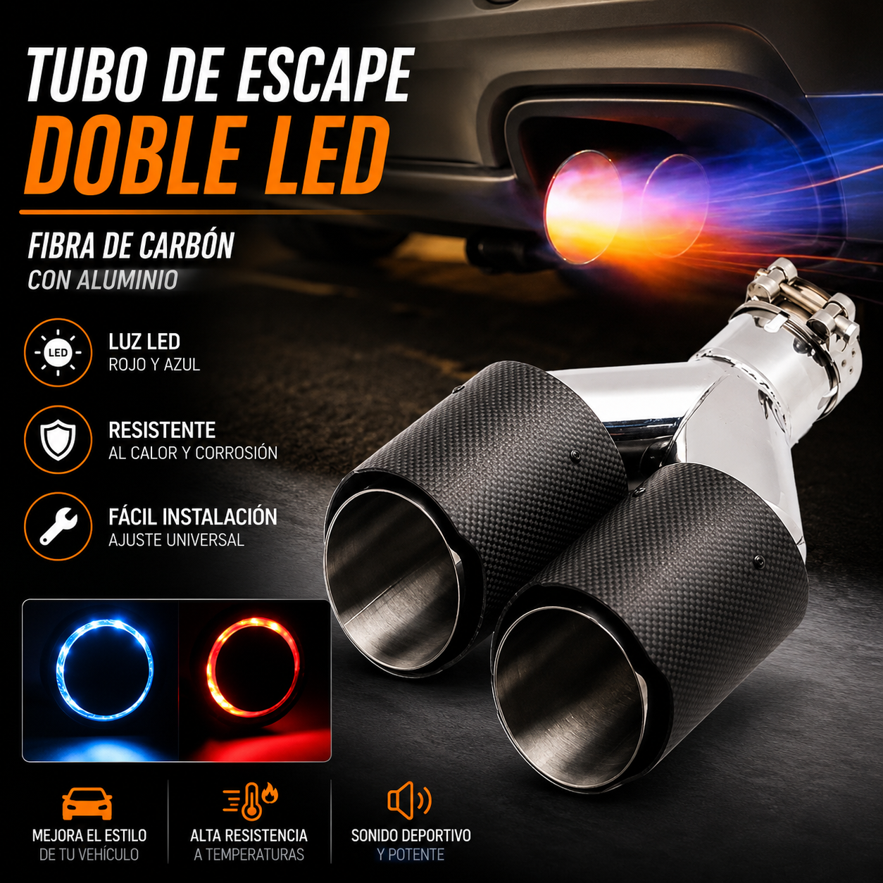 Tubo escape fibra dual luminoso acero inoxidable