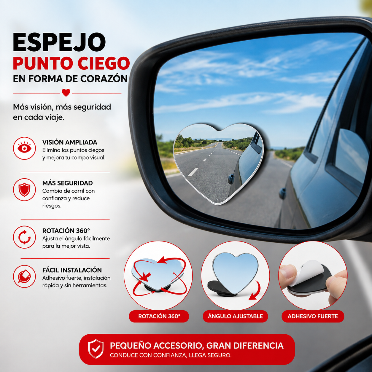 Espejo Punto Ciego Corazón para Auto – Adhesivo Universal